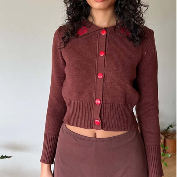 Lisa Says Gah Sweaters - Lisa Says Gah Battenberg Cardigan in Brown Floral Medium Large